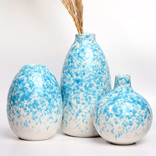 Ceramic Vase 3 Piece Set, Home Decor Decorative Flower Vases Set For Modern Farmhouse Decoration, Living Room Centerpieces,Events, Table, Bookshelf, Mantel And Entryway Decor(Sky Blue,Oval) #TOP3