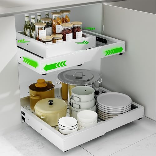 2 Pack Expandable Pull Out Cabinet Organizer, Width (12″-19″ ) & Depth (16.5″-22″)No Drill Adjustable Cabinet Pull Out Shelves for Kitchen,Pantry, Adhesive Roll Out Shelves for Kitchen Cabinets-White