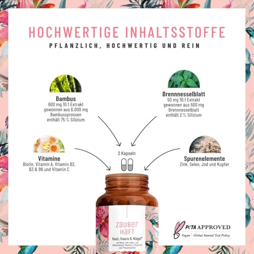 Haar Vitamine - 451mg Silizium hochdosiert & Biotin Zink Selen für Haare - Kieselsäure aus Bambus, Kupfer, Iod, Brennnessel und B-Vitamine - 120 Kapseln - Vegan aus Deutschland