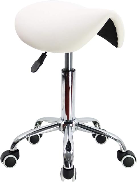 KKTONER Rolling Saddle Stool PU Leather Swivel Adjustable Rolling Stool with Wheels Salon Chair (White)