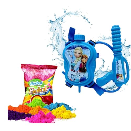 Image of CraftVatika Holi Colors Gift, Holi Water Pichkari with Water Tank Bag for Kids Boys Girls with Herbal Holi Colours 80gm Pack and Holi Celebration Items, Natural Gulal
