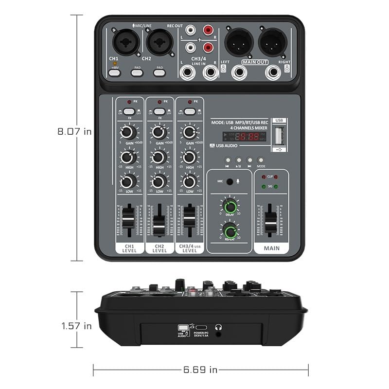 Mixer a 4 canali con alimentazione Phantom 48V, mixer Bluetooth USB for streaming live, registrazione in studio e uso DJ