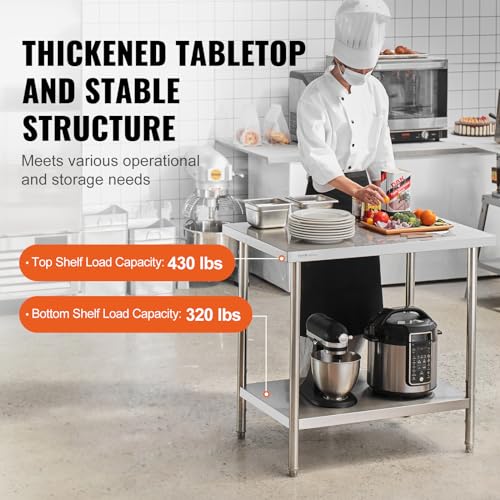 VEVOR Stainless Steel Prep Table, 24 x 36 x 34 Inch, 750 lbs Load Capacity, Heavy Duty Metal Worktable with 3 Adjustable Height Levels, Commercial Workstation for Kitchen Garage Restaurant Backyard by VEVOR - Image 3
