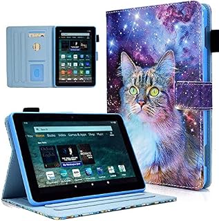 KEROM Amazon Fire 8 Tablet Case & Fire 8 Plus Tablet Case (10th Generation, 2020 Release) - Premium PU Leather Stand Cover Case with Auto Wake/Sleep, Space Cat