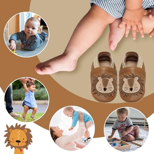 IceUnicorn Krabbelschuhe Baby Lauflernschuhe Jungen Weiche Leder Babyschuhe Kleinkind Lederschuhe mädchen Babyhausschuhe(Gelbbrauner Löwe,12-18)