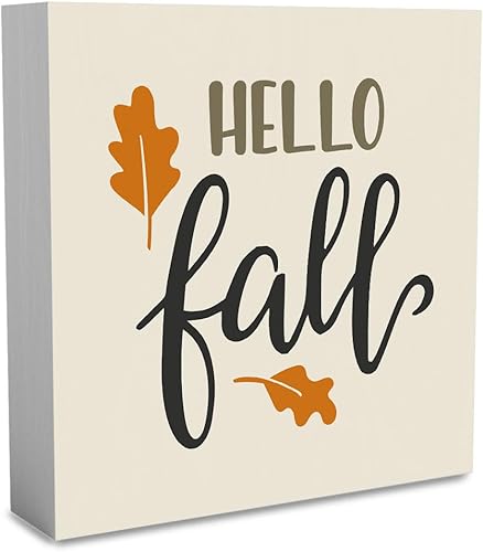 Rustic Hello Fall Wood Box Sign, Farmhouse Retro Fall Leaves Artwork Decor, Autumn Thanksgiving Wooden Square Sign Desk Block Signs Home Shelf