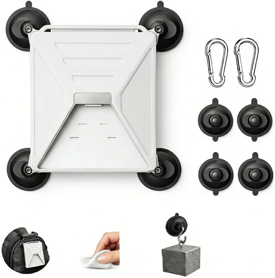 Starlink Mini Mount with Protective Cover, Secure Suction Cup Holder with 4 Heavy-Duty Cups & 2 Steel Hooks for RV, Truck, Boat & Camping (White)