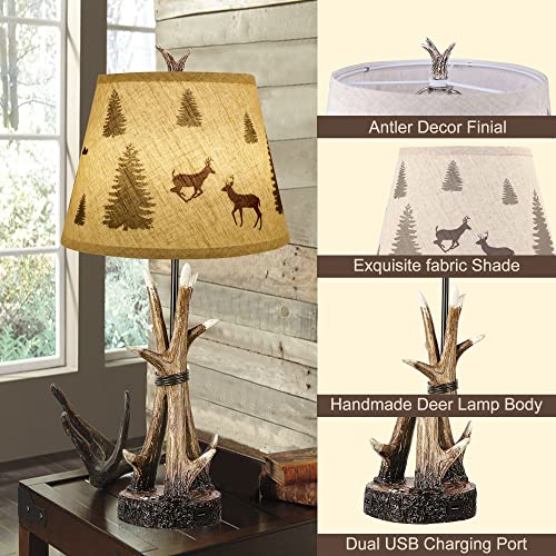 Farmhouse Deer Antler Table Lamps For Living Room Set Of 2, 3-Way Dimmable Touch Rustic Bedside Lamp For Bedroom, Western Resin Nightstand Lamps With 2 Usb Port For Country Cabin, 2 Bulbs Include #TOP4