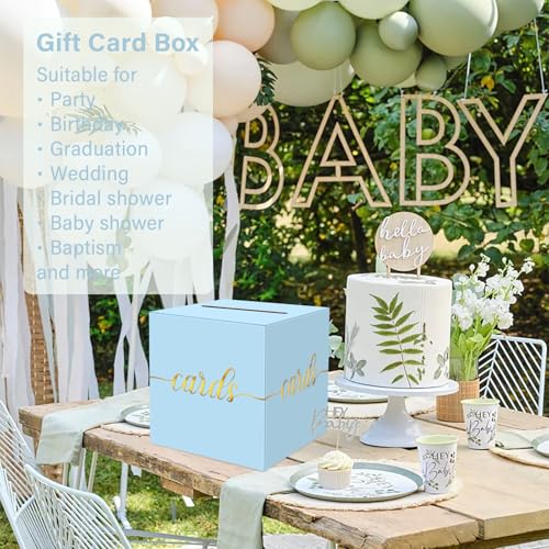 Image of 1 Pack Light Blue and Gold Foil Card Box for Party, 8.7 inch Light Blue Money Box for Birthday, Wedding, Baby Shower, Retirement, Anniversary, Bridal Shower, Raffle Ticket