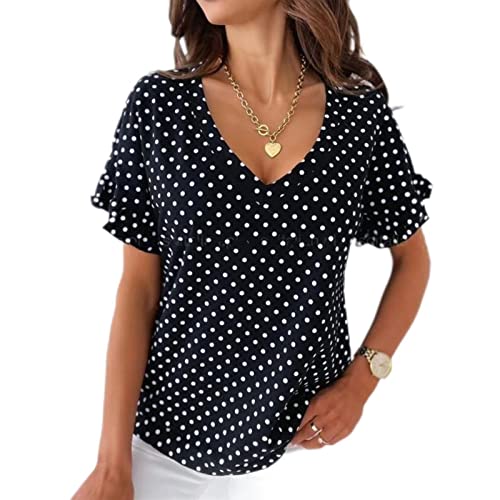 CHOUBAGUAI Camiseta de verano con cuello en V casual suelta de moda de manga corta para mujer, camiseta de lunares para mujer, ropa de mujer nueva, blanca, S