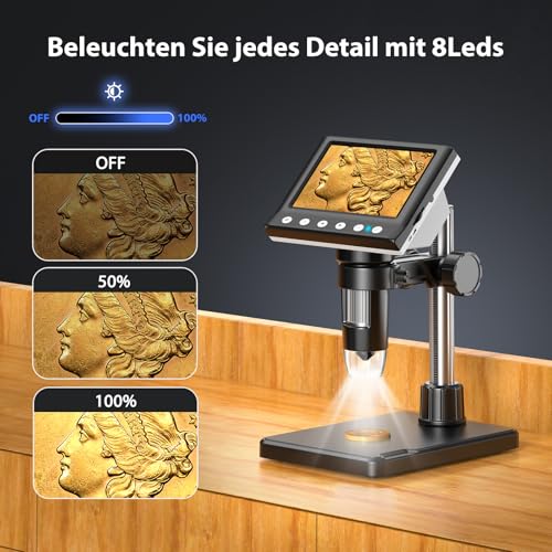 Hayve Digital Mikroskop, 4,3 Zoll LCD Mikroskope, 1080P USB Mikroskope mit 8 Einstellbaren LED Licht, Mikroskop für Kinder, Erwachsene, Kompatibel mit MacOS Windows