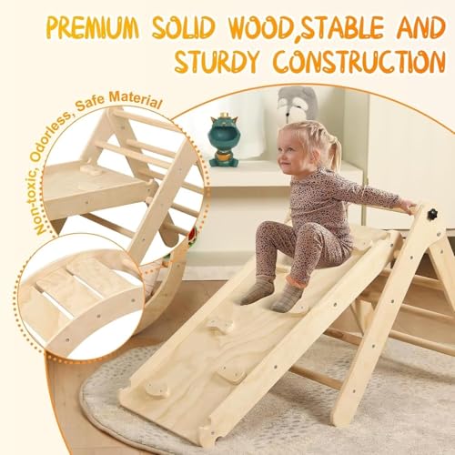 Image of Yopnoyik Pikler Triangle Set with Cushion, 7 in 1 Toddler Climbing Toys Indoor, Montessori Foldable Climbing Set, Wooden Climbing Toys for Toddlers Inside with Ramp, Arch and Ladder (Nature Wood)