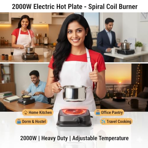 Image of Drumstone 2000W Electric Hot Plate Single Burner | Fast Heating Coil Cooktop with Adjustable Temperature Control | Portable Cooking Stove for Hostel, PG, Office, Travel & Home