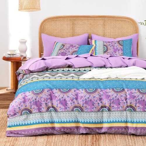 Image of Wake In Cloud - Boho Comforter Set, Bohemian Chic Colorful Medallion with Geometric Botanical Flowers and Horizontal Stripes, Soft Lightweight Bedding, 3 Pieces, Purple, King Size