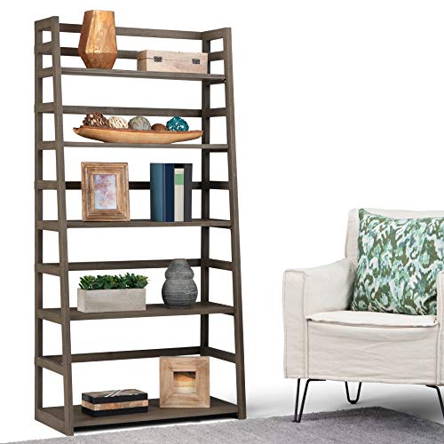 Image of SIMPLIHOME Acadian Solid Wood 63 inch x 30 inch Transitional Ladder Shelf Bookcase in Farmhouse Grey for the Living Room, Study Room and Office