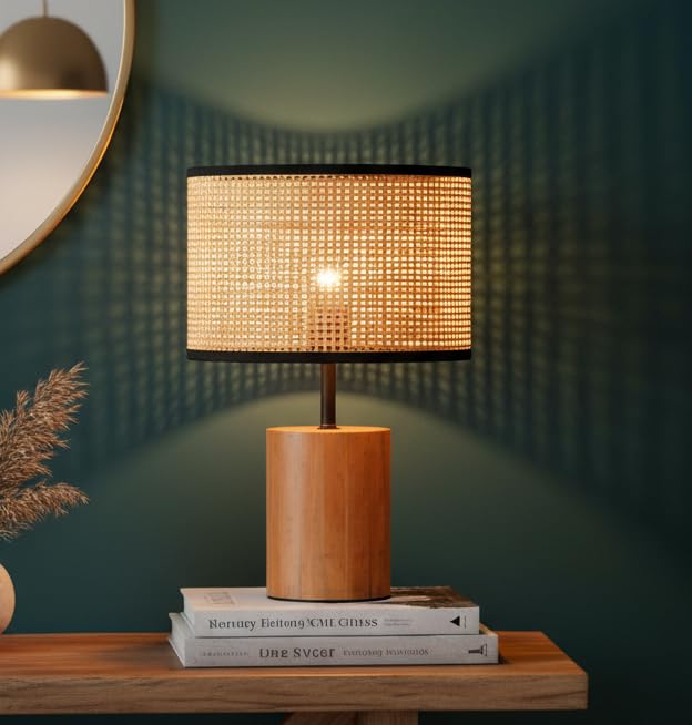 The Better Home Table Lamp (35cm)|Study Table Lamp for Bedroom |Home Decor Light |Table Lamps for Home Decoration |Wooden Base Steel Frame| Gift for Housewarming Ceremony| Bamboo Shade-Cylindrical-image-35