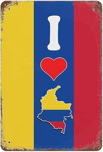 Letrero de pared de hojalata con la bandera del país de Colombia, letrero de metal rústico con texto en inglés "I Love Colombia", póster de arte