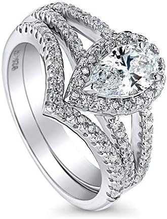 Rhodium Plated Sterling Silver Halo Wedding Engagement Split Shank Ring Set Made with Swarovski Zirconia Pear Cut 1.4 CTW