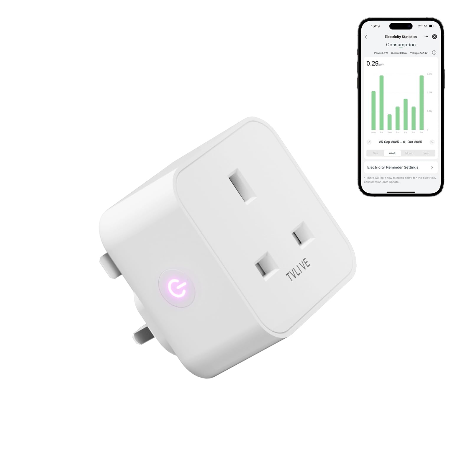Smart Plug, TVLIVE 1 Pack Smart Plugs Work that with Alexa (Echo/Echo Dot), Google Home Voice Control, Energy Monitoring, Remote Control, Timer & Schedule Function, Device Sharing, Wifi Plug Socket UK