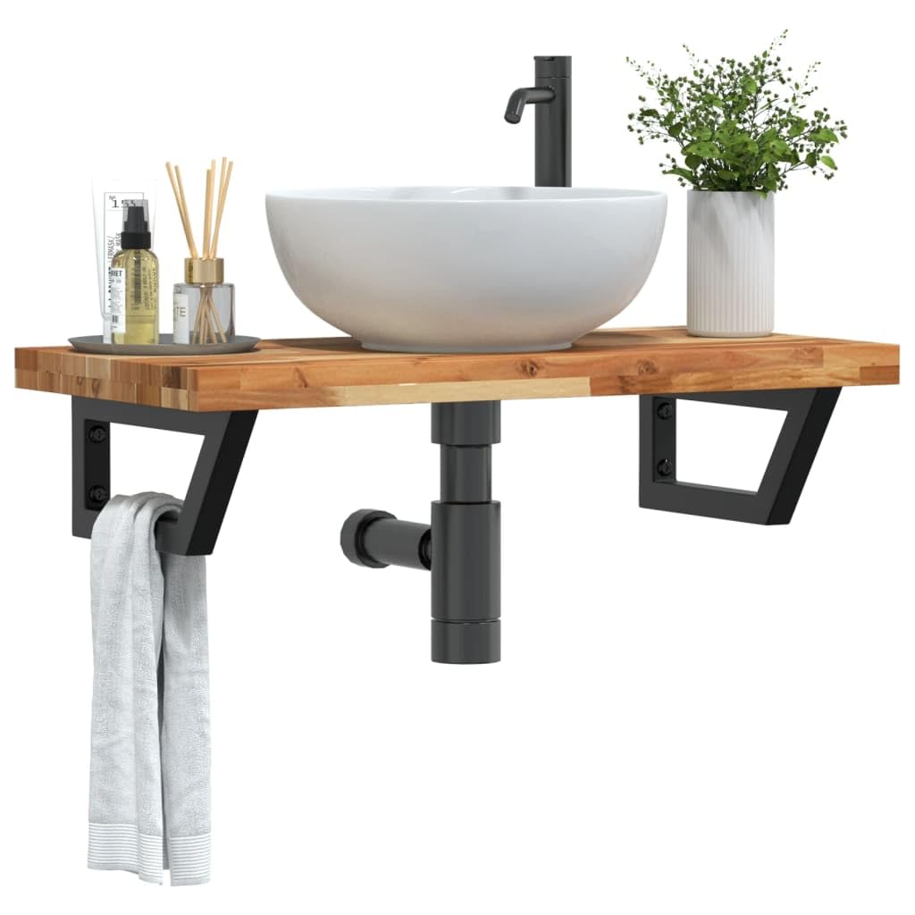 Estantería para lavabo, montaje en pared, acero, madera de acacia | Flotante, forma trapezoidal, ahorro de espacio, madera maciza, para baño