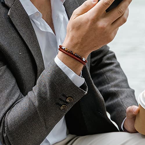 Tiger Eye Bracelets For Men,Brown Leather Natural Tiger Eye Beaded Bracelets For Men Stress Relief Anxiety Healing Bead Bracelet Mens Leather Beaded Bracelets Jewelry Gifts For Men #TOP1