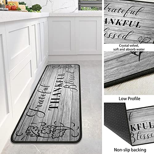 Grateful Thankful Blessed Kitchen Rugs Set Of 2 Grey Non-Slip Kitchen Rug And Mat Cushioned Comfort Kitchen Standing Rug For Kitchen Floor Farmhouse Thanksgiving Decor 17"X47"+17"X30" #TOP3