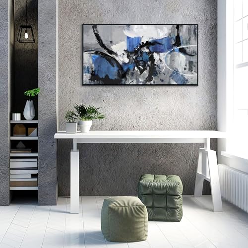 Image of AJAZIKO Blue Abstract Canvas Wall Art: Wall Art for Living Room, Bedroom & Gray Office Decorations for Work, Framed Artwork - Modern Decor with Blue & Black Paintings Pictures Wall Decor 20x40IN