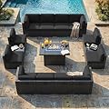 LayinSun 15 Piece Patio Furniture Set with Fire Pit Table, Outdoor Conversation Sets Wicker Rattan Sectional Sofa with Coffee Table