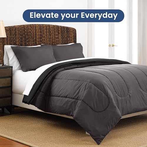 Image of Martex 3-Piece Reversible Comforter Set, Full /Queen, Graphite /Ebony | Versatile Room Decor, Lightweight, Durable Bedding, Machine Washable, Super Soft