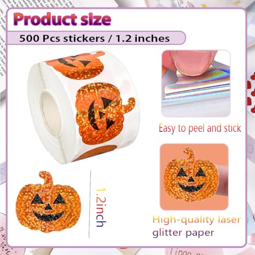 Image of 500Pcs Halloween Pumpkin Stickers Roll 1.2in Laser Smiling Pumpkin Shape Waterproof Decals Orange Sparkly Self-Adhesive Stickers Halloween Party Envelope Scrapbook Decorations