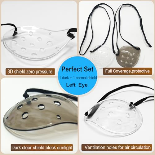 2Pcs Cataract Surgery Eye Shield,Plastic Medical Eye Patch & Dark Clear Cover for Sleeping for Post Surgery,Comfortable Eye Protection with Adjustable Strap (Left Eye)