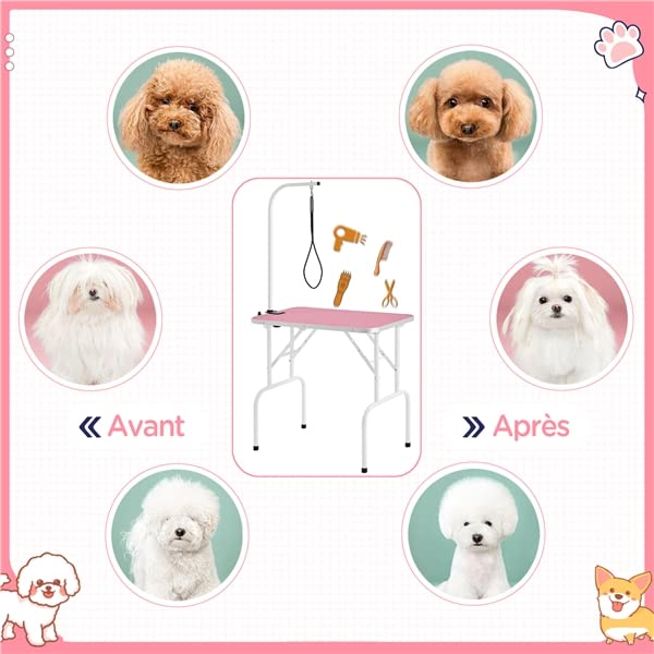 Yaheetech Table de Toilettage pour Chien Chiot Chat Pliant Transportable 80,5 × 46 × 76 cm avec Bras/Anneau Rose