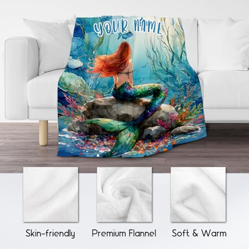 Custom Mermaid Blanket - 60x80 Inches Cute Throw Blanket for Kids - Soft Fuzzy Blankets for Couch & Office