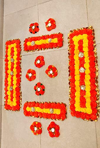 Shrinath Rangoli Tlite Artificial Marigold Flower Mat on Canvas for Diwali Decoration (Yellow and Dark Orange)