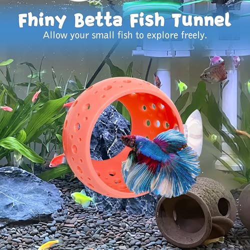 Image of Fhiny 2 PCS Betta Hide, Orange Beta Fish Tank Decor, Suction Cup Shrimp Tunnel, Betta Resting Spot, Aquarium Hammock Hideout Cave for Guppy Resting