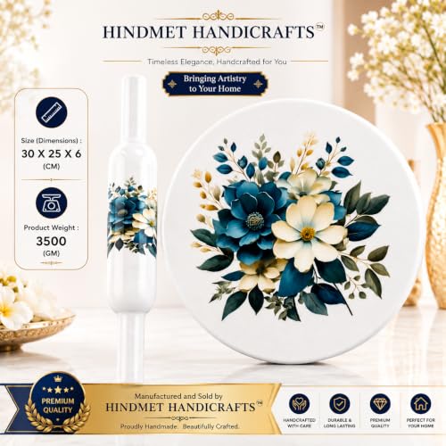 Image of Modern Floral Design Marble Chakla Wooden Belan | Printed 10 Inch Enamel Roti Maker with Belan | Heavy Duty Non-Slip Chakla for Roti, Chapati, Paratha |Kitchen Rolling Board (1 Set) (6.Blue Rose)