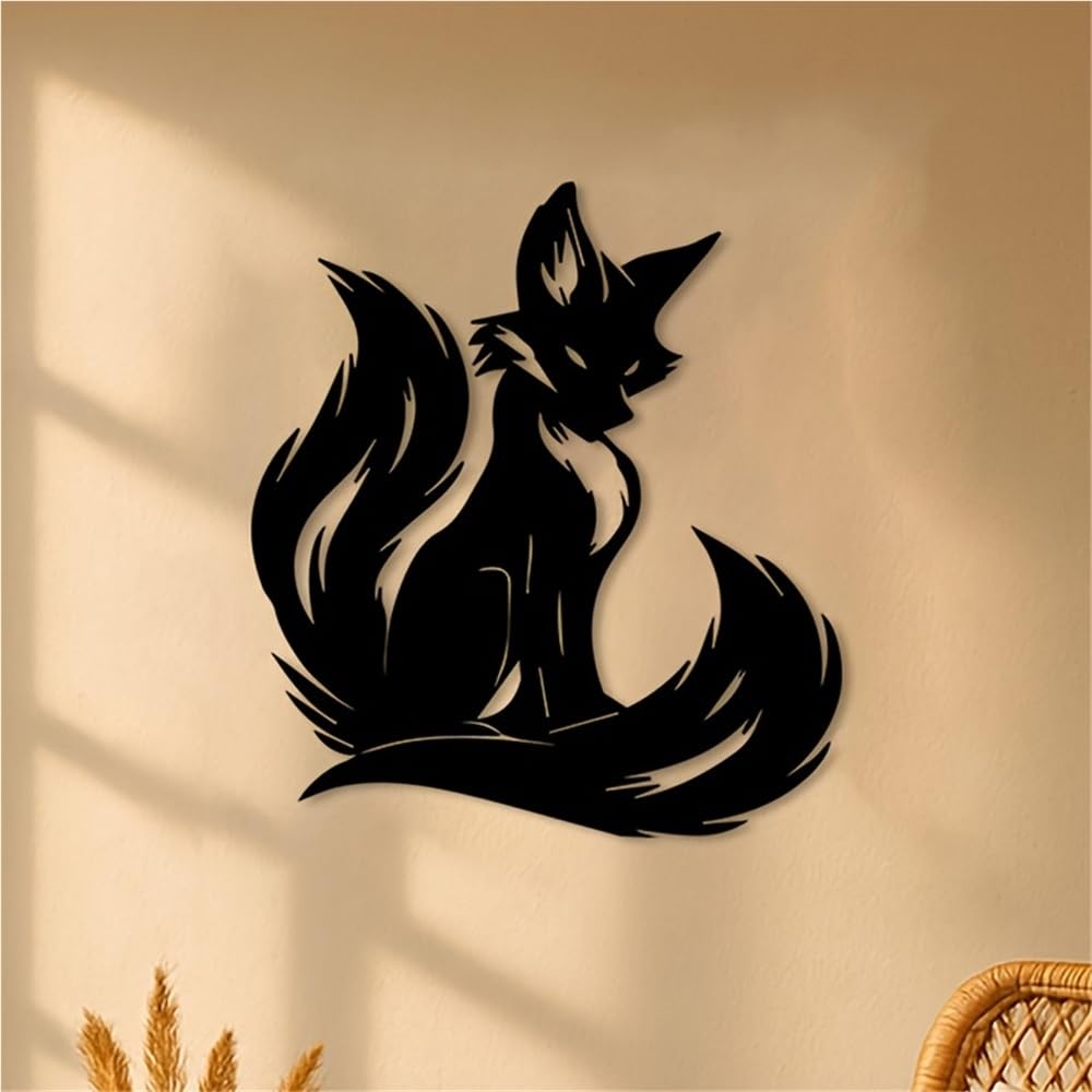 Decoración de pared abstracta contemporánea de metal, elegante arte de zorro, escultura rústica de silueta con cola curva para sala de estar, dormitorio o jardín exterior (40 cm/16 pulgadas).