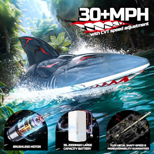 DEERC Fast Brushless RC Boat for Adults, 30+MPH 3S High Speed Remote Control Boat, Self-righting 2.4Ghz Speed Shark with LED Lights, Summer Toy Gift for Kids