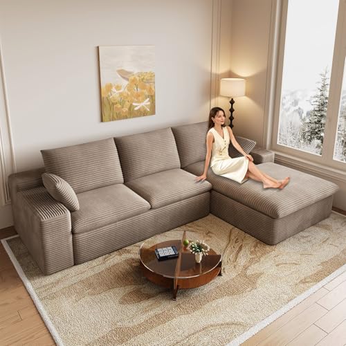 Image of 107 inch Cloud Couch Modular Sectional Sofa for Living Room, L-Shape Boneless Couch with Deep Seat, Modern Corduroy 3-Seater, No Assembly Required (Camel Brown,Right-Facing Chaise)