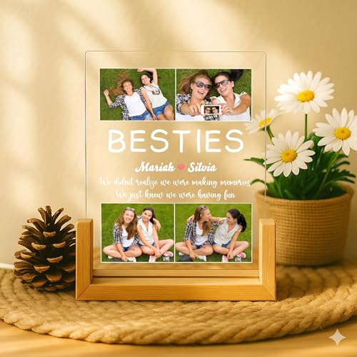Image of Friendship Day Custom Photo Collage LED Lamp, Personalised Acrylic Night Light for Best Friends, Warm White, Wooden Base, Touch Control, Modern Style (Bestie 4)