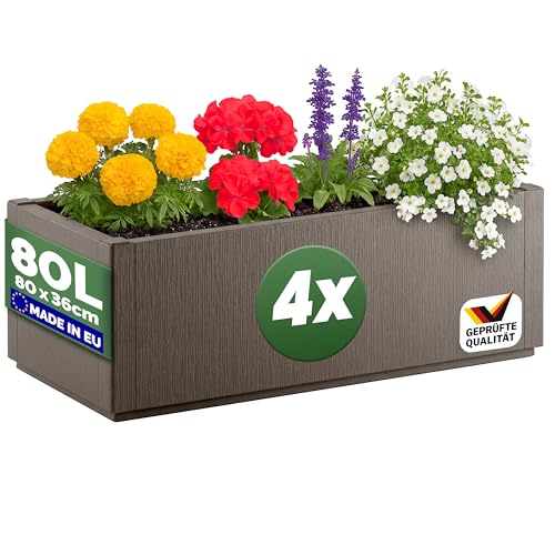 Casaria® 4X Blumenkasten Ethica 80L 80x36x35cm Ablaufboden Kunststoff Winterfest Garten Pflanzkübel Übertopf Pflanzkasten Blumenkübel Braun