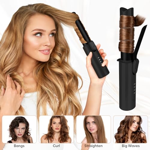 Image of Cordless Curling Iron Brush, Mini Travel Hot Straightener Comb Curl Brush, Rechargeable 4 Temps Cordless Wand Blush with 200 Million Negative Ions for Curls Straightening Styling (Black)