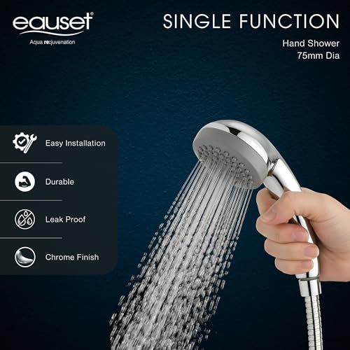 Image of Eauset Plus 75mm Hand Shower with 1.5m Hose & Wall Hook | Single Mode ABS Handheld Shower Head | High Flow 15 LPM at 3 Bar | Wall Mounted Bathroom Shower | Polished Finish