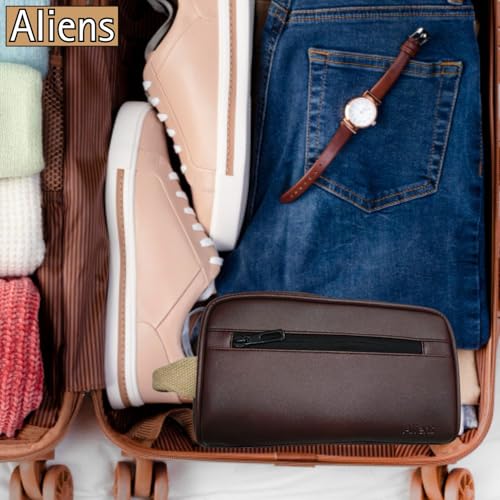 Image of Aliens Multipurpose Travel Organizer Vegan Leather Pouch for Men and Women, Hanging Dopp Kit, Water-Repellent Bag for Toiletry, Shaving Kit, Cosmetics & Makeup, Jewellery, Gadget, Accessories-Brown
