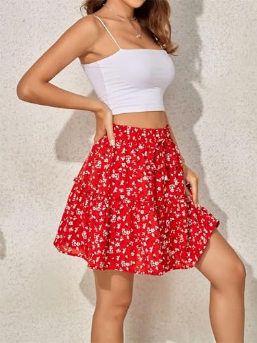 Women's Fresh Floral High Waisted Drawstring Skirt with Layered Ruffle Edges Elegant Casual Mini Skirt4
