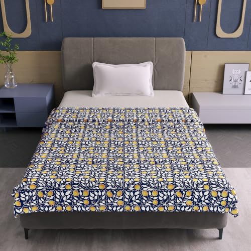 Image of Divine Casa 120 GSM Glace Cotton Single Bed Dohar | Lightweight & Soft AC Blanket | Reversible Quilt | 210 x 140 CM, Navy Blue & Mustard Yellow