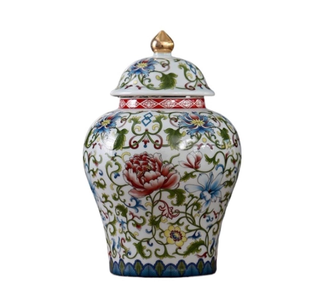 GFJHdfhE Chinese Style Decorative Jar Chinese Ceramic Ginger Jar Floral Vases With Lid Gold Enamel Porcelain Vase Temple Jars Tea Storage Flower Display(A,13 * 21cm)