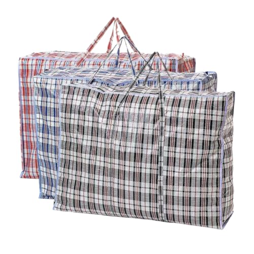 Bolsas de Rafia para Mudanza, Almacenaje,compra. Paquete de 3 – 65x55x20 cm. Reutilizable con Cremallera y Asas Resistentes, impermeable – Ideal para Ropa, Edredones, Juguetes, Viajes o Trastero