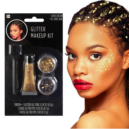 Gold Glitter Make Up With Applicator - 1 Set -Stunning, Perfect Costume Accessory For Festivals, Parties, Halloween, Cosplay & Events