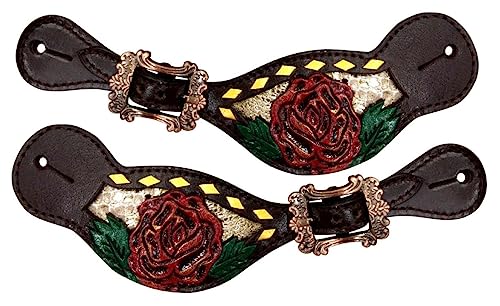 Showman Ladies Painted Rose w/Gold Snakeskin Inlay Leather Spur Straps